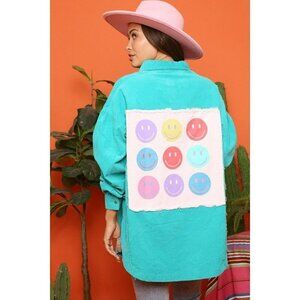Smiley Face Patch Corduroy Shacket in Jade